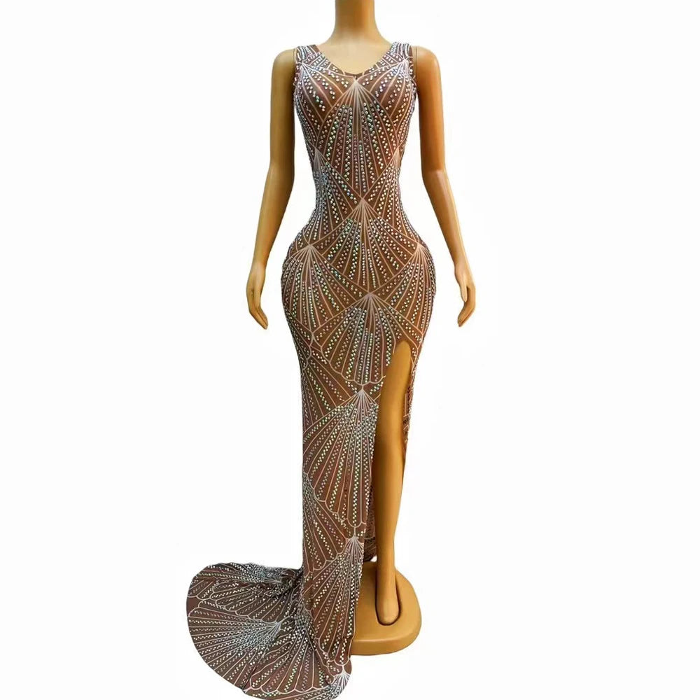 Sexy Silver AB Rhinestones Long Train Split Dress Wedding Birthday Celebrate Stretch Costume Evening Club Celebrate V-neck Dress