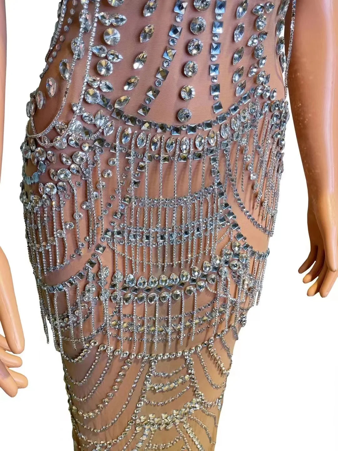 Sexy Silver Crystals Birthday Celebrate Long Dress Club Evening Birthday Costume Transparent Mesh Rhinestones Photo Shoot Dress