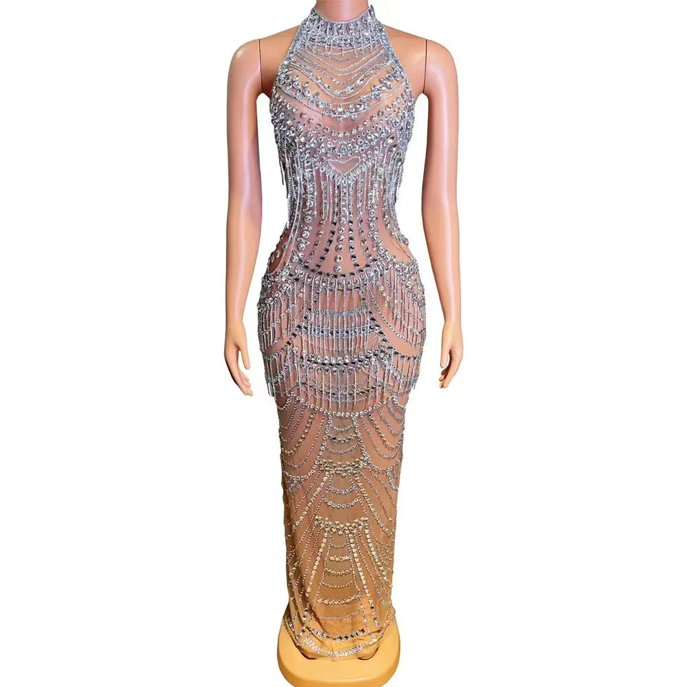Sexy Silver Crystals Birthday Celebrate Long Dress Club Evening Birthday Costume Transparent Mesh Rhinestones Photo Shoot Dress