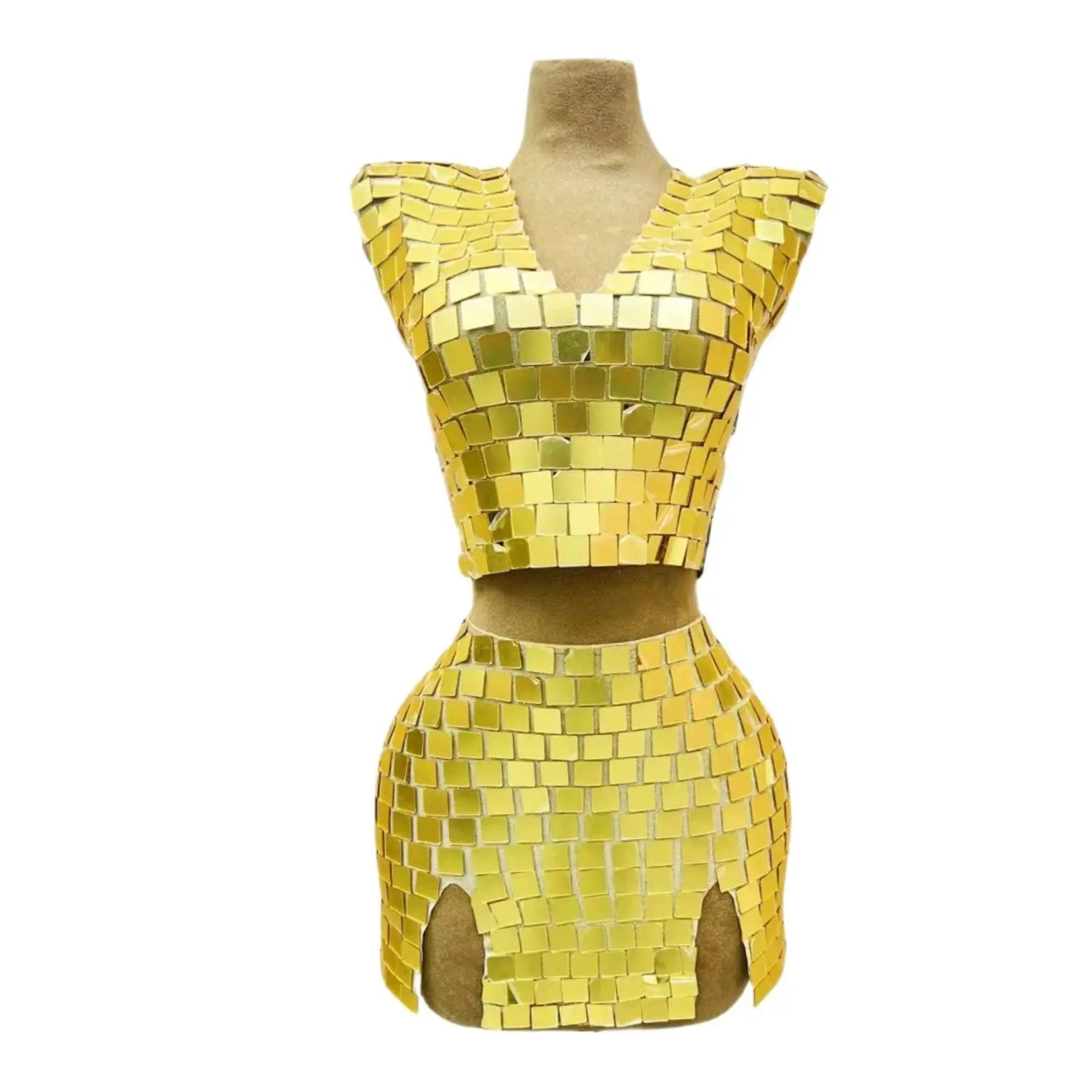 Sexy Gold Mirrors Outfit Set Women Evening Celebrate Mini 2 Pieces Set Birthday Dance Skirt Prom Party Dress Collections