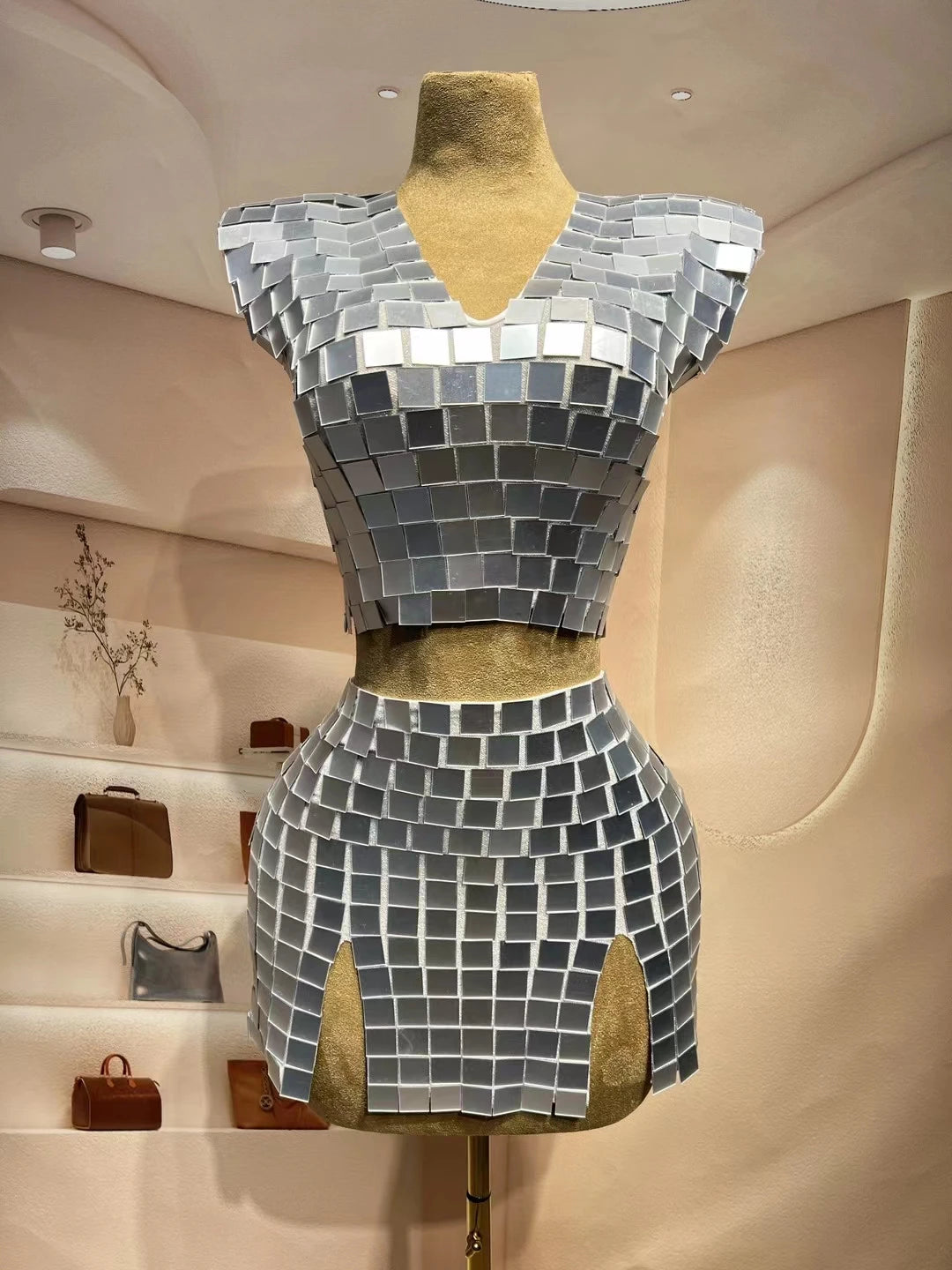 Sexy Gold Mirrors Outfit Set Women Evening Celebrate Mini 2 Pieces Set Birthday Dance Skirt Prom Party Dress Collections