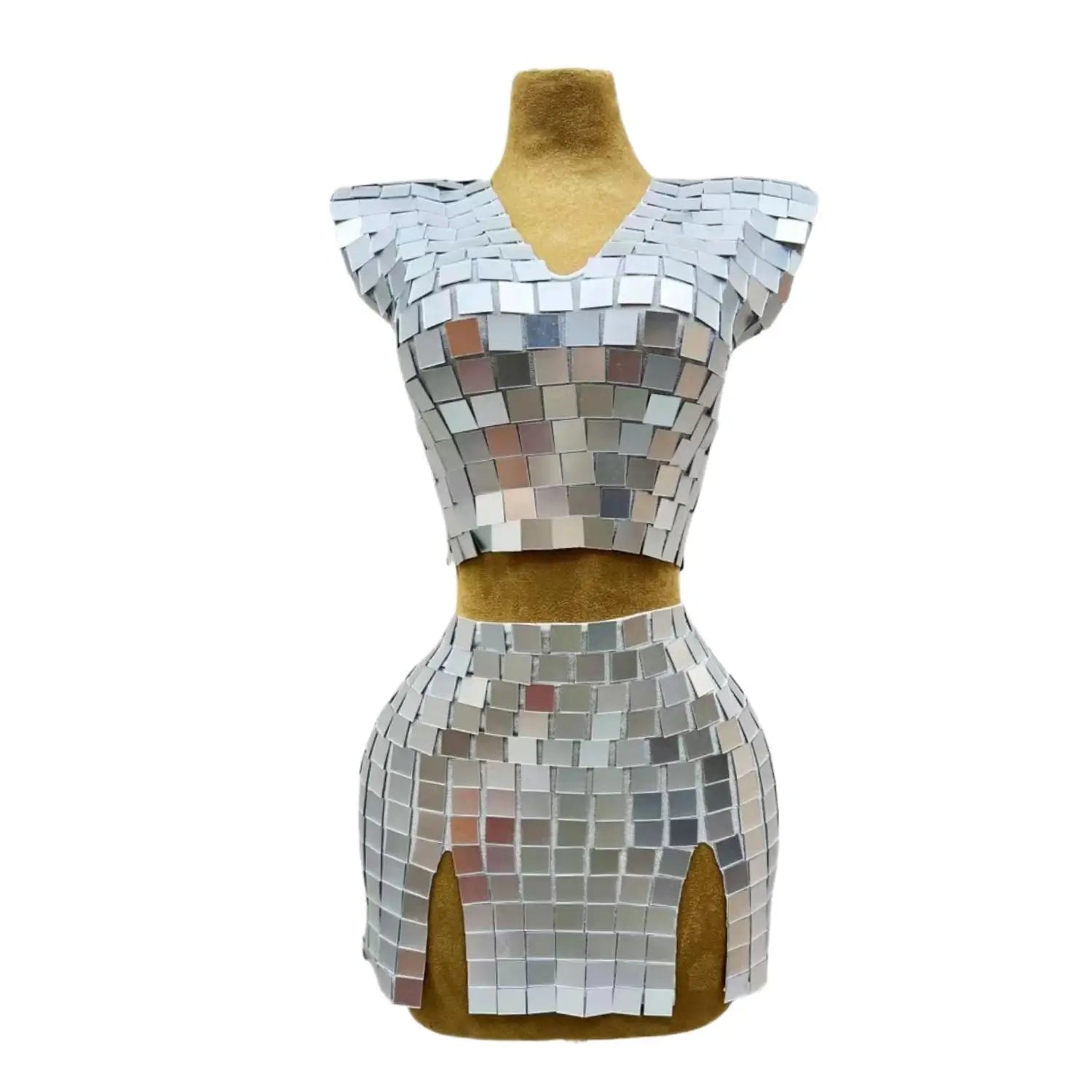 Sexy Gold Mirrors Outfit Set Women Evening Celebrate Mini 2 Pieces Set Birthday Dance Skirt Prom Party Dress Collections