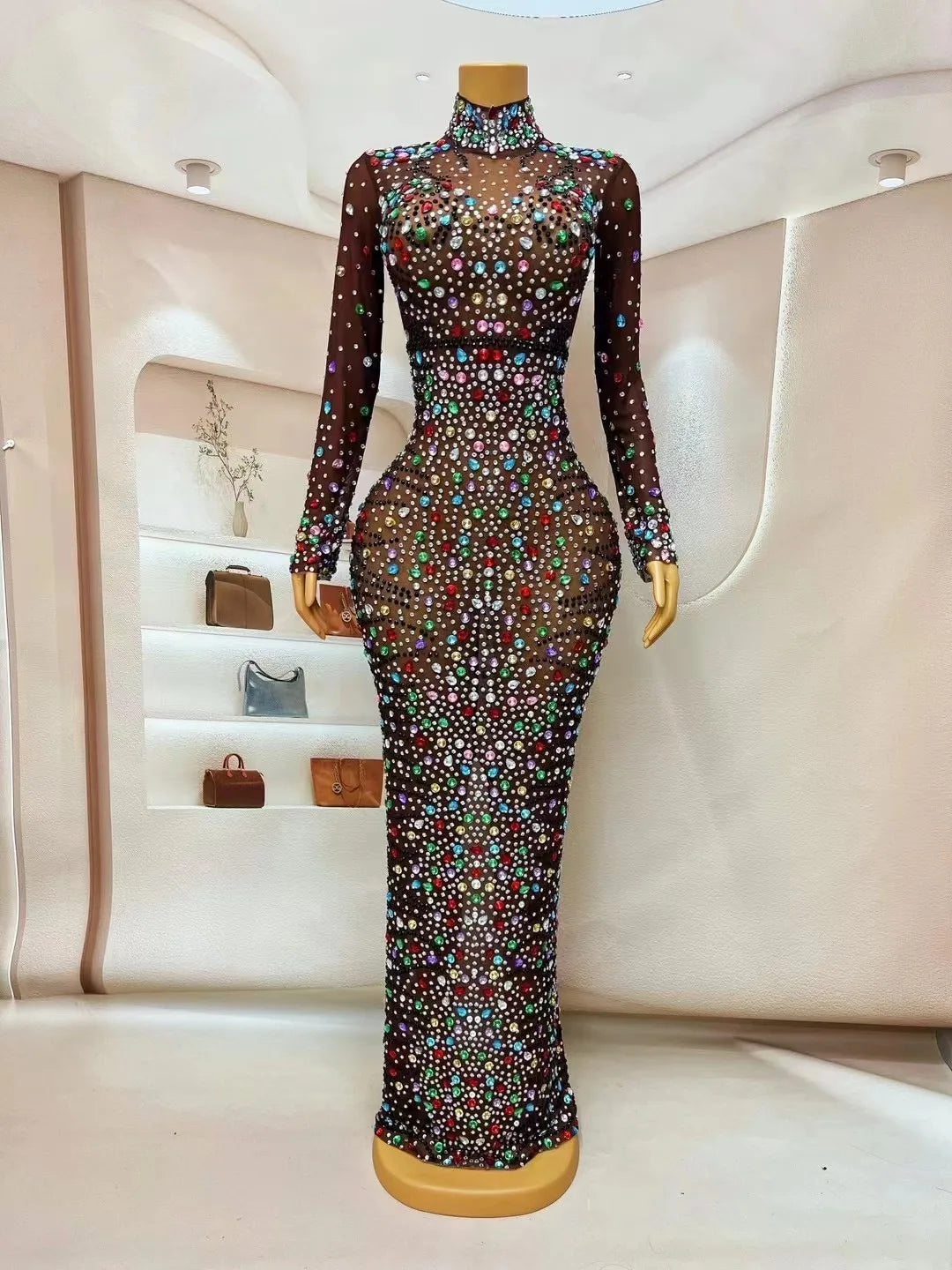 Sexy Sparkly Colorful Rhinestones Long Sleeves Dress luxurious Evening Brown Mesh Costume Party Celebrate Photo Shoot Dress