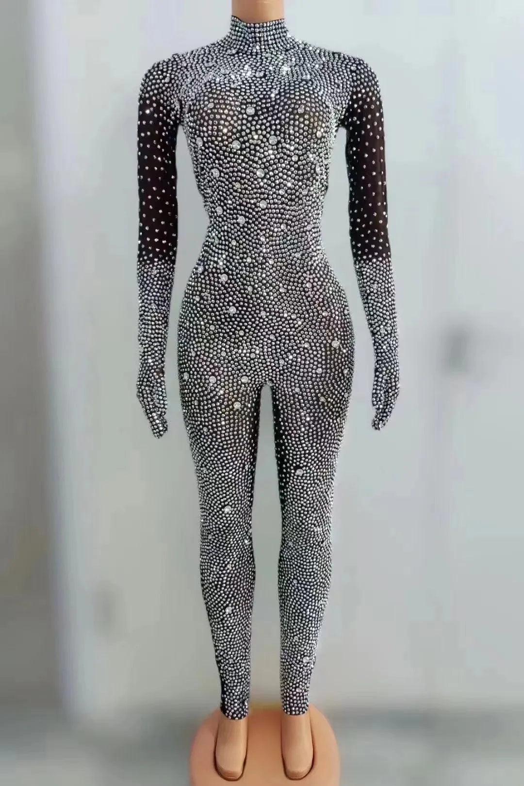 Sexy Sparkly Pink Rhinestone Jumpsuit with Gloves Women Birthday Celebrate Performance Costume Singer Show Photoshoot Jumpsuit