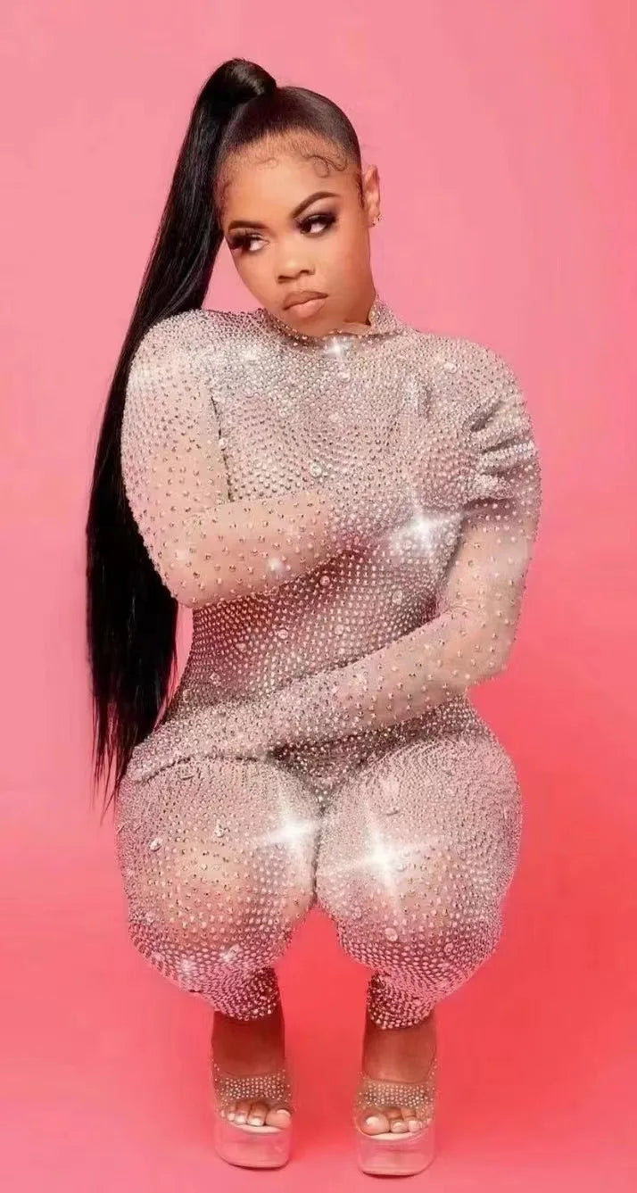 Sexy Sparkly Pink Rhinestone Jumpsuit with Gloves Women Birthday Celebrate Performance Costume Singer Show Photoshoot Jumpsuit