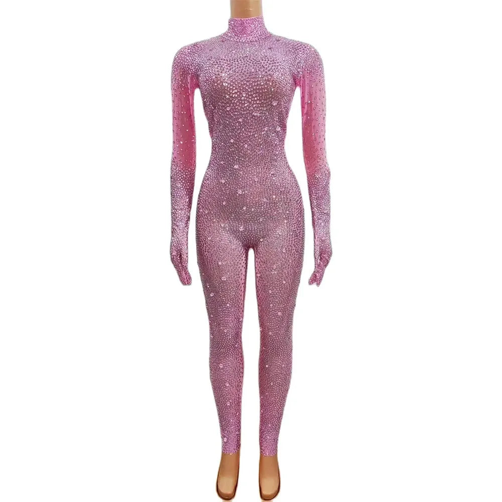 Sexy Sparkly Pink Rhinestone Jumpsuit with Gloves Women Birthday Celebrate Performance Costume Singer Show Photoshoot Jumpsuit
