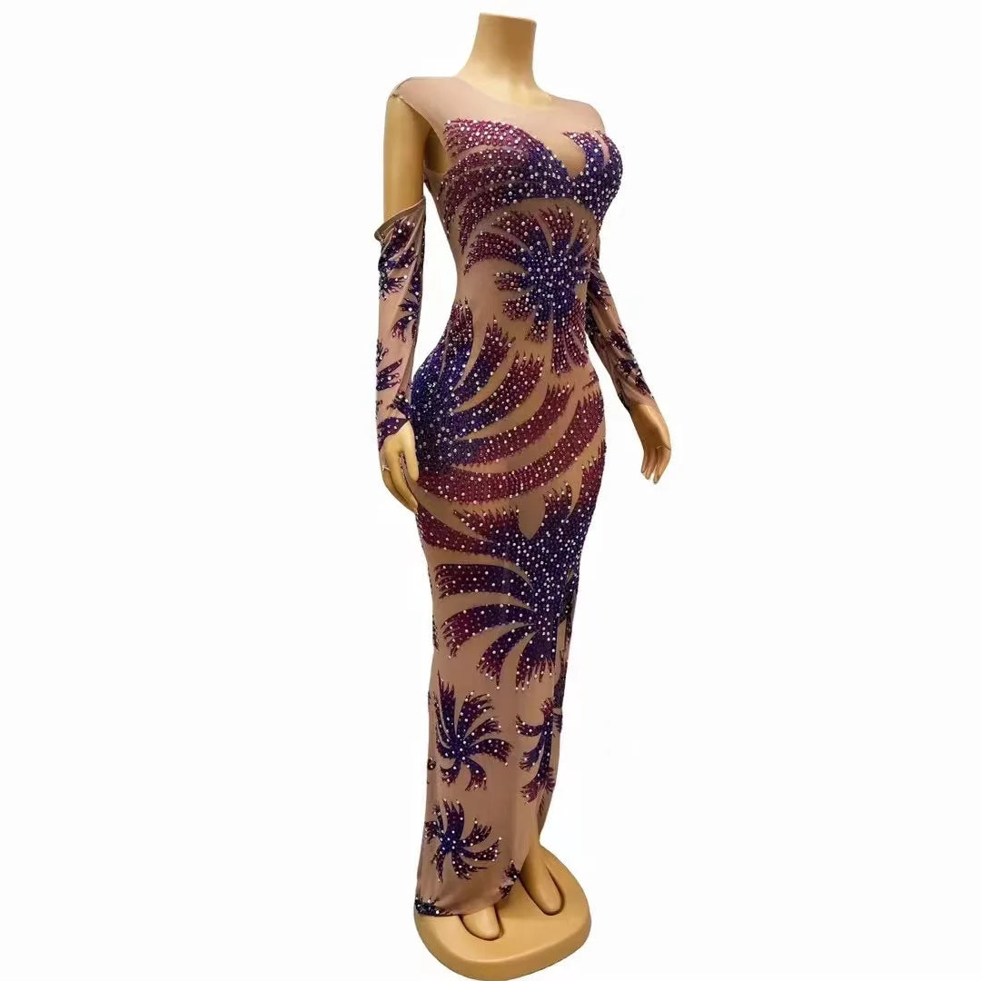 Sexy Sparkly Purple Rhinestones Transparent Cuffs Dress Evening Nightclub Birthday Celebrate Costume See Through Host Gowns
