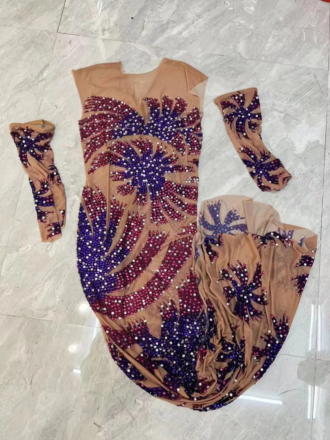 Sexy Sparkly Purple Rhinestones Transparent Cuffs Dress Evening Nightclub Birthday Celebrate Costume See Through Host Gowns