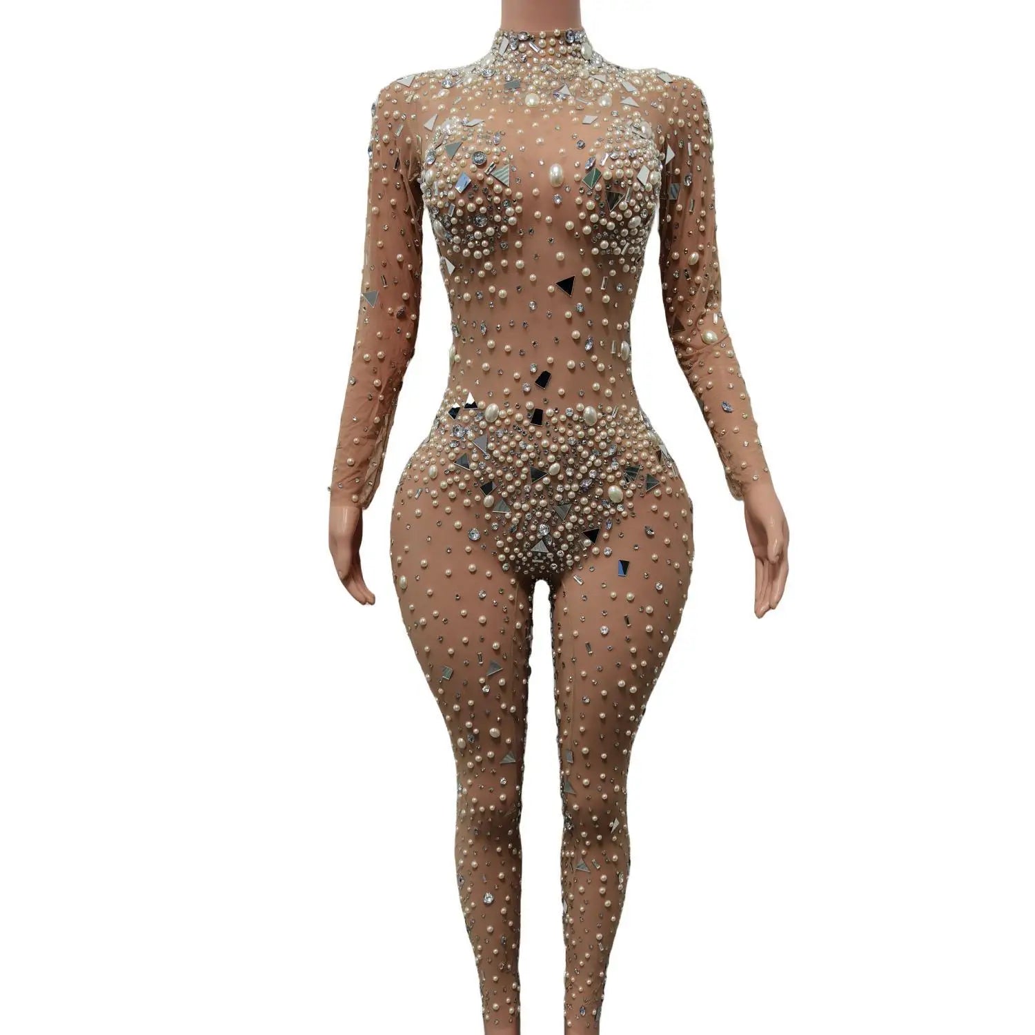 Sexy Sparkly Rhinestones Mirrors Mesh Jumpsuit Women Pearls Birthday Party Outfit Dancer Show Rompers Photo Shoot Dress