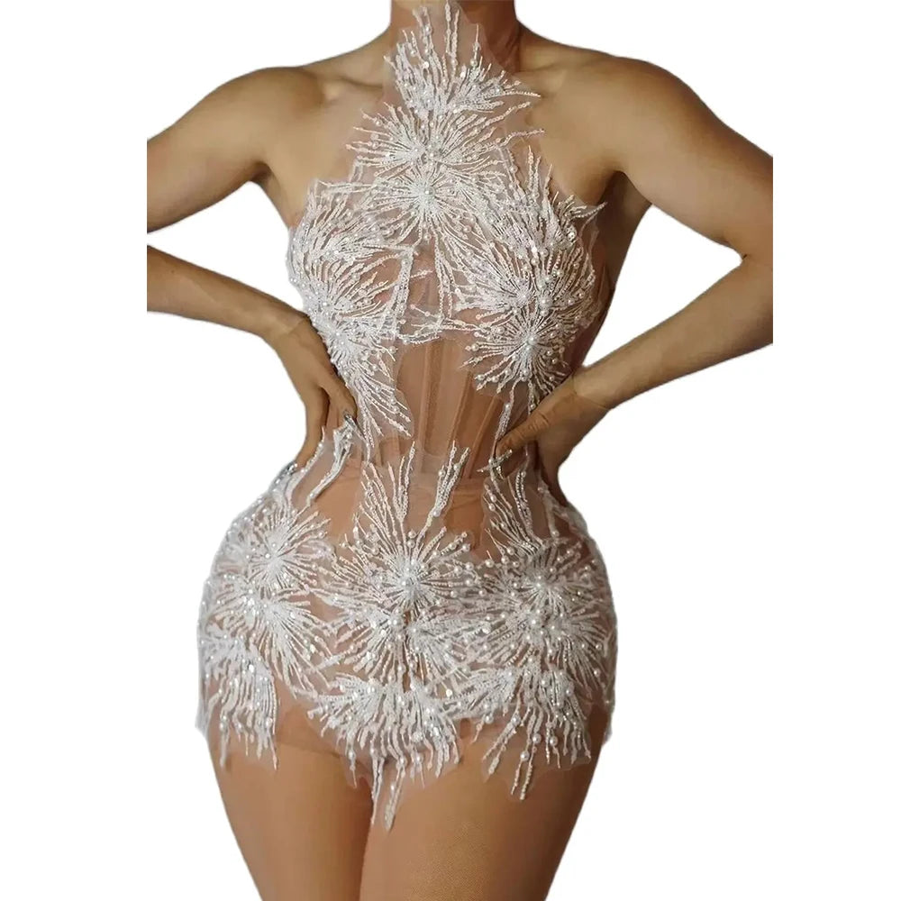 Sexy Sparkly Rhinestones Pearls Snow Short Dress Elegant Celebrate Evening Wedding Prom Gown Birthday Party Photograph Wear