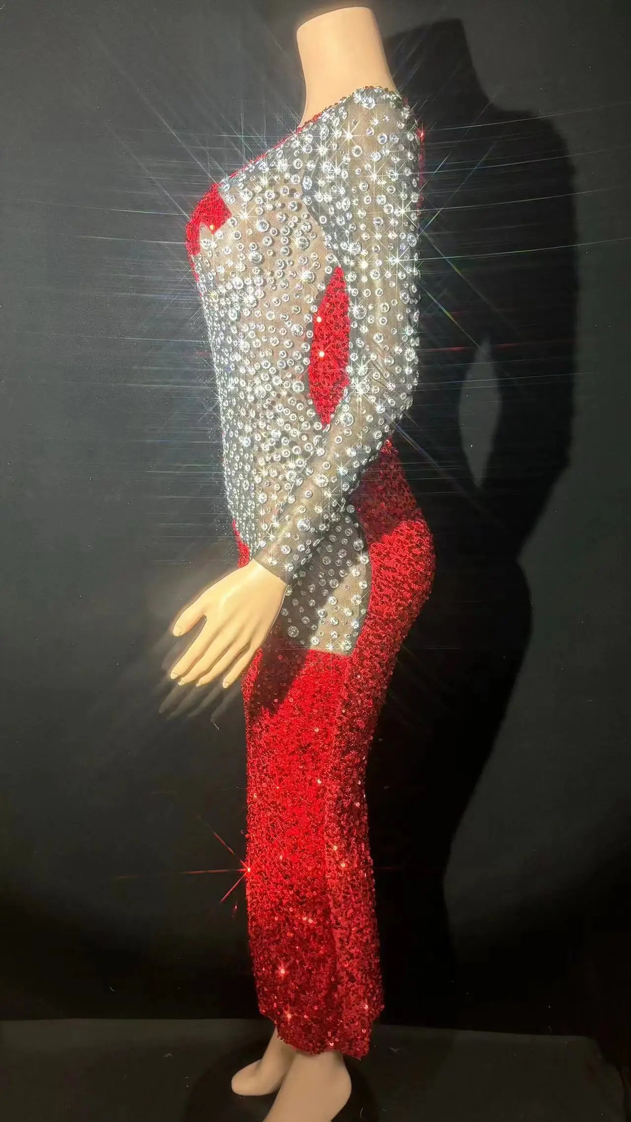 Sexy Sparkly Rhinestones Red Rhinestones Short Dress Mesh Transparent Evening Prom Celebrate Birthday Dress Show Stage Wear