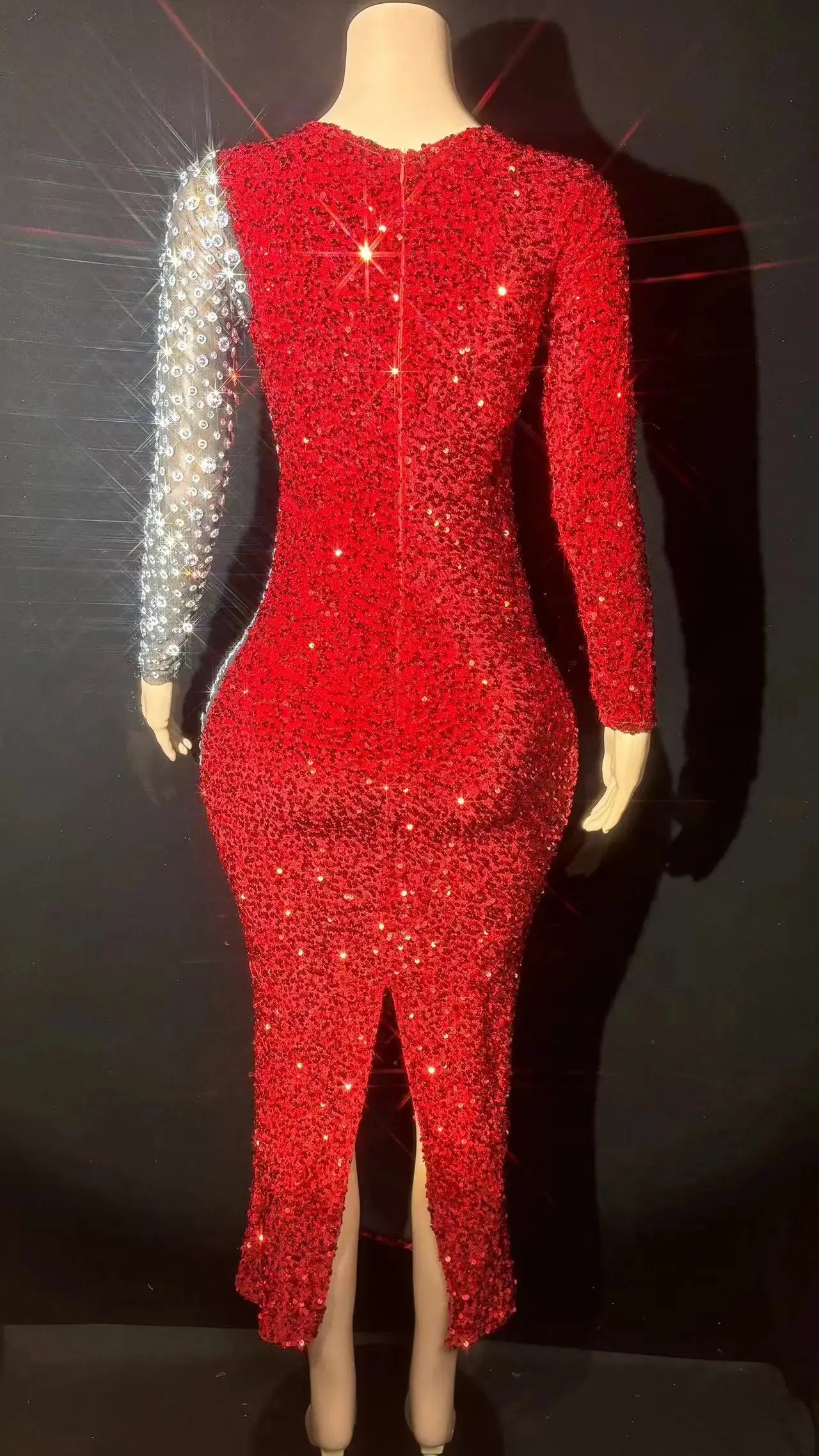 Sexy Sparkly Rhinestones Red Rhinestones Short Dress Mesh Transparent Evening Prom Celebrate Birthday Dress Show Stage Wear