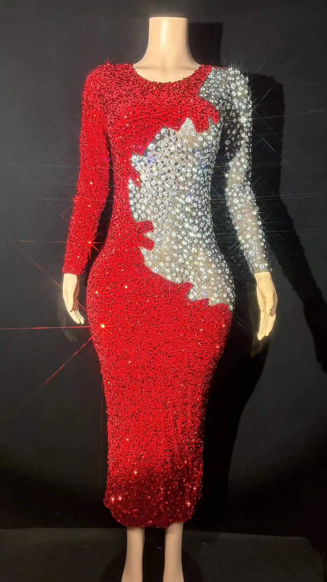 Sexy Sparkly Rhinestones Red Rhinestones Short Dress Mesh Transparent Evening Prom Celebrate Birthday Dress Show Stage Wear