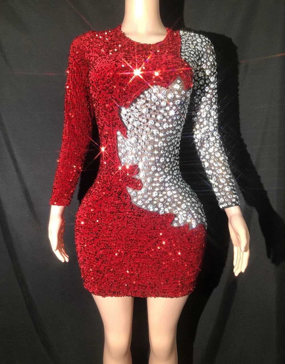 Sexy Sparkly Rhinestones Red Rhinestones Short Dress Mesh Transparent Evening Prom Celebrate Birthday Dress Show Stage Wear