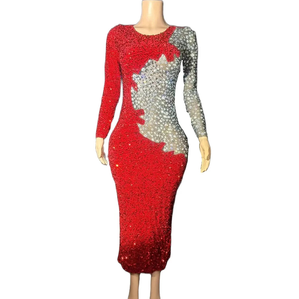 Sexy Sparkly Rhinestones Red Rhinestones Short Dress Mesh Transparent Evening Prom Celebrate Birthday Dress Show Stage Wear