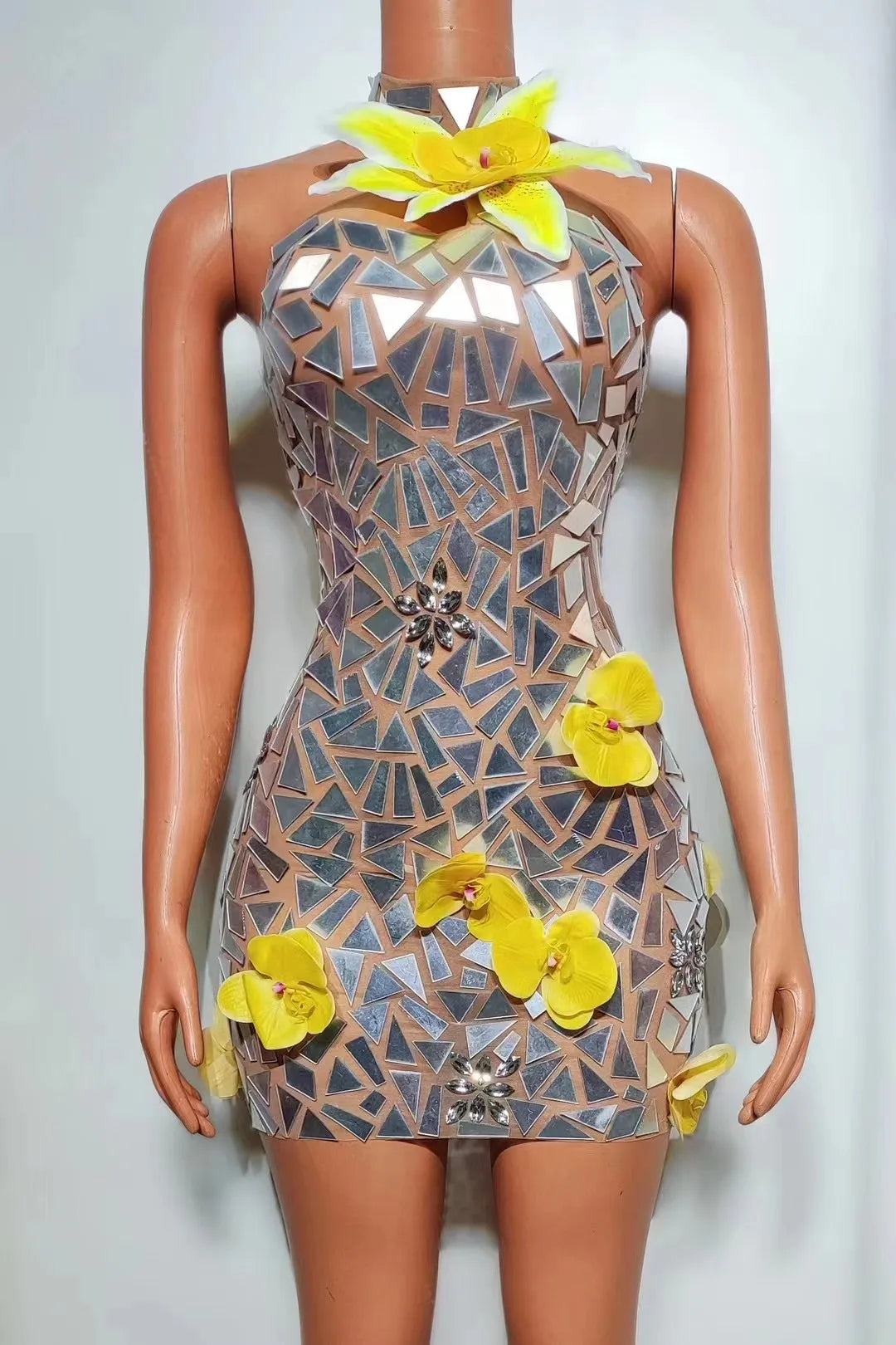 Sexy Sparkly Silver Mirrors Dress Women Wedding Celebrate Party Flower Outfit Birthday Dance Performance Photoshoot Dress
