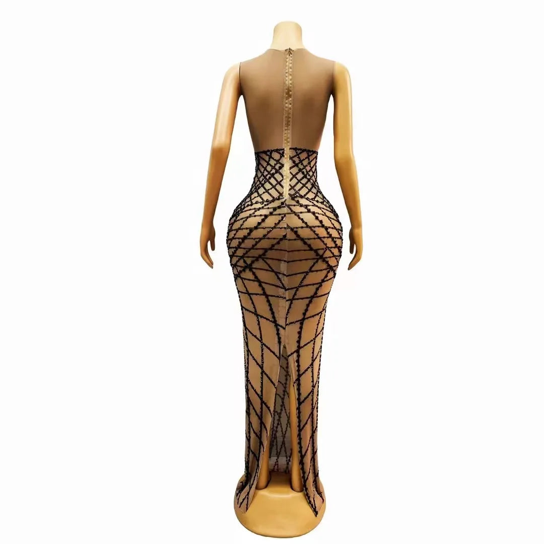 Sexy Stage Black Rhinestones Dress Mesh Transparent Fashion Design Evening Birthday Celebrate Costume Performance Dance Outfit