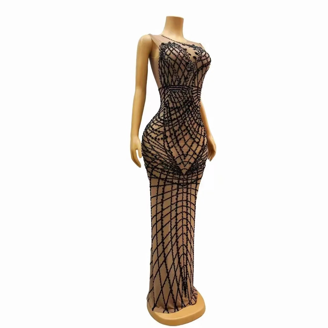 Sexy Stage Black Rhinestones Dress Mesh Transparent Fashion Design Evening Birthday Celebrate Costume Performance Dance Outfit