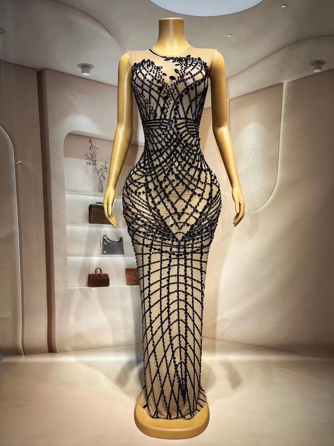 Sexy Stage Black Rhinestones Dress Mesh Transparent Fashion Design Evening Birthday Celebrate Costume Performance Dance Outfit