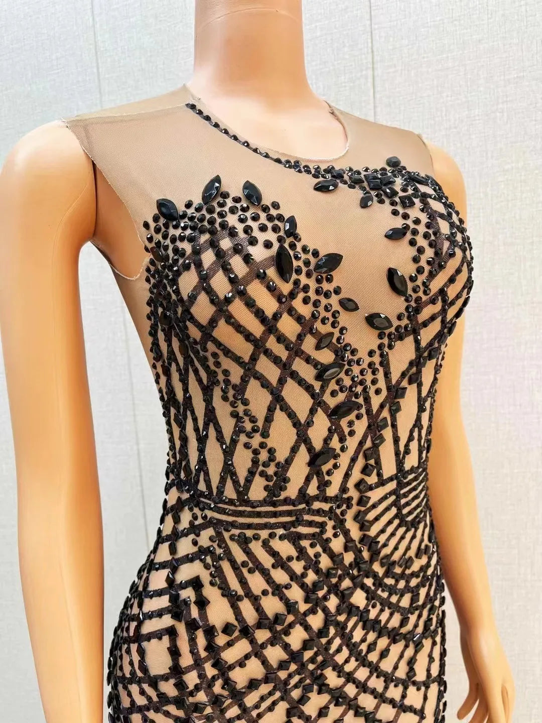 Sexy Stage Black Rhinestones Dress Mesh Transparent Fashion Design Evening Birthday Celebrate Costume Performance Dance Outfit