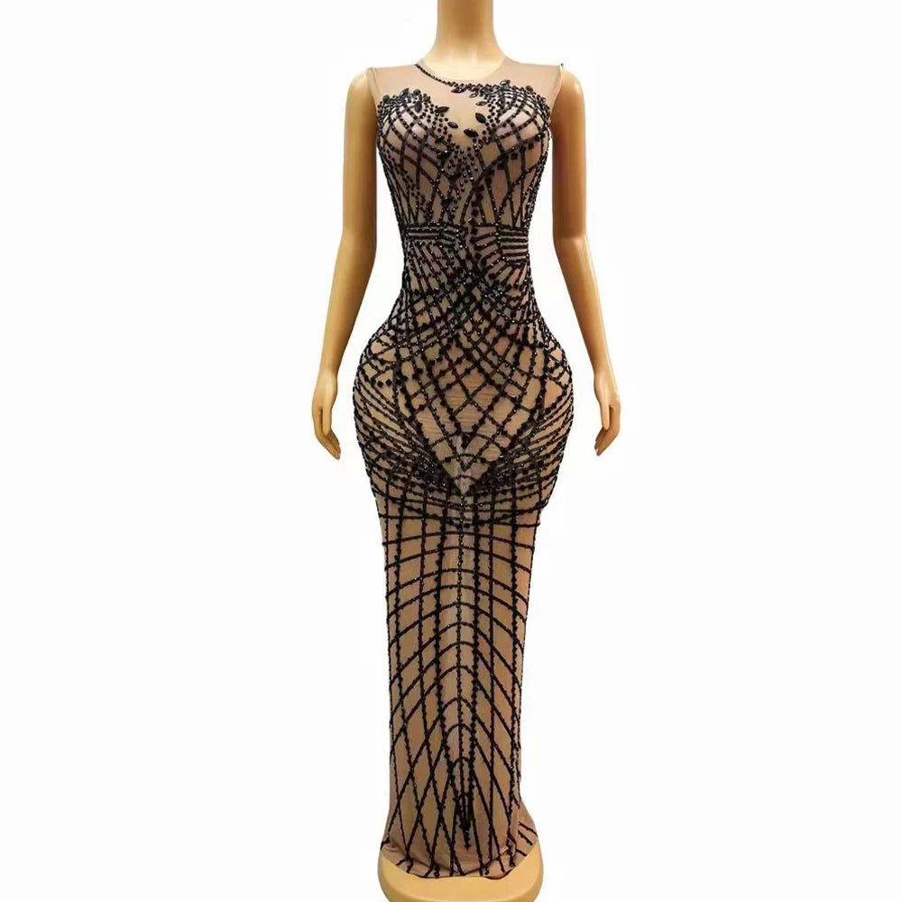 Sexy Stage Black Rhinestones Dress Mesh Transparent Fashion Design Evening Birthday Celebrate Costume Performance Dance Outfit