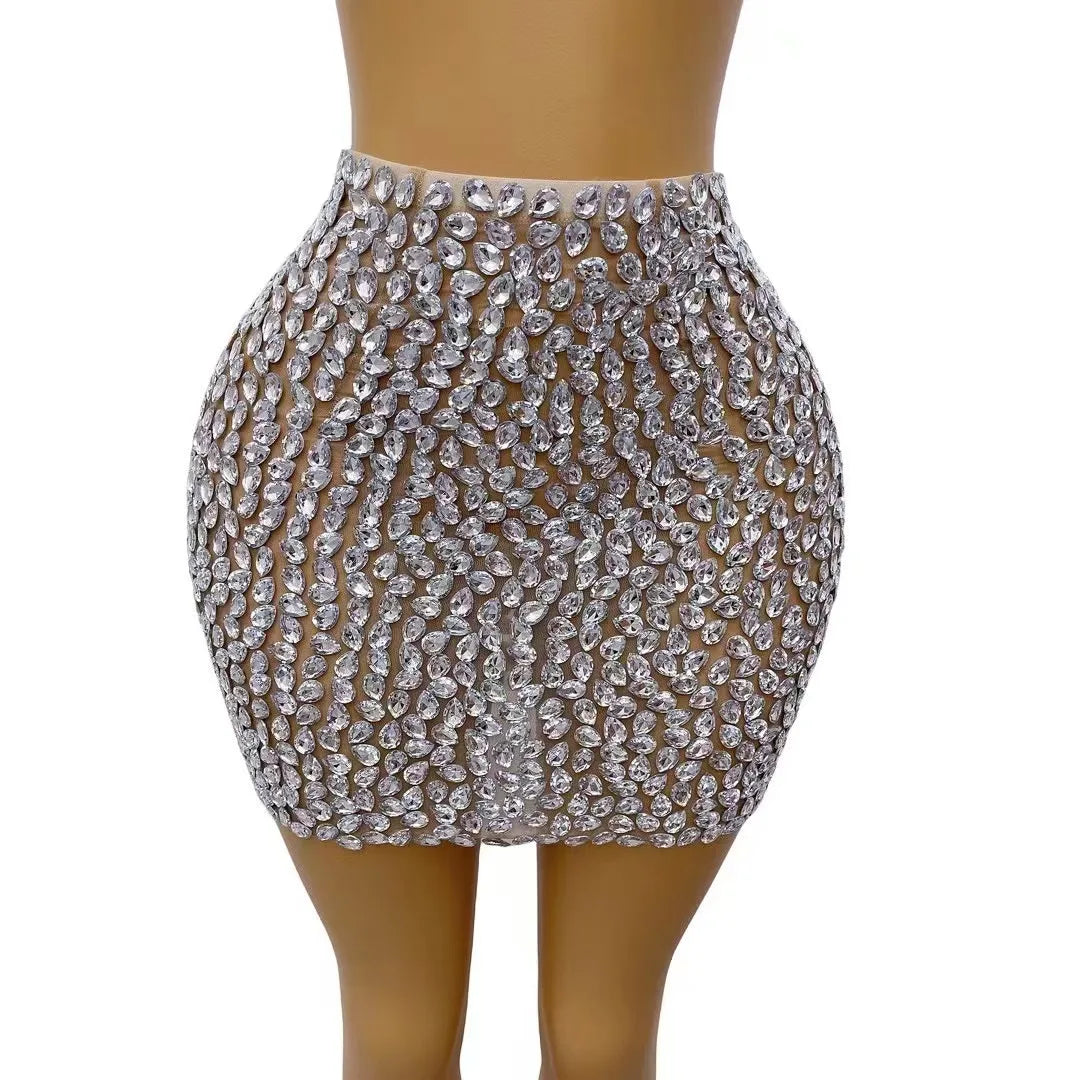 Bling Silver Rhinestones Skirt Stretch Mesh Outfit Dance Stage Performance Costume