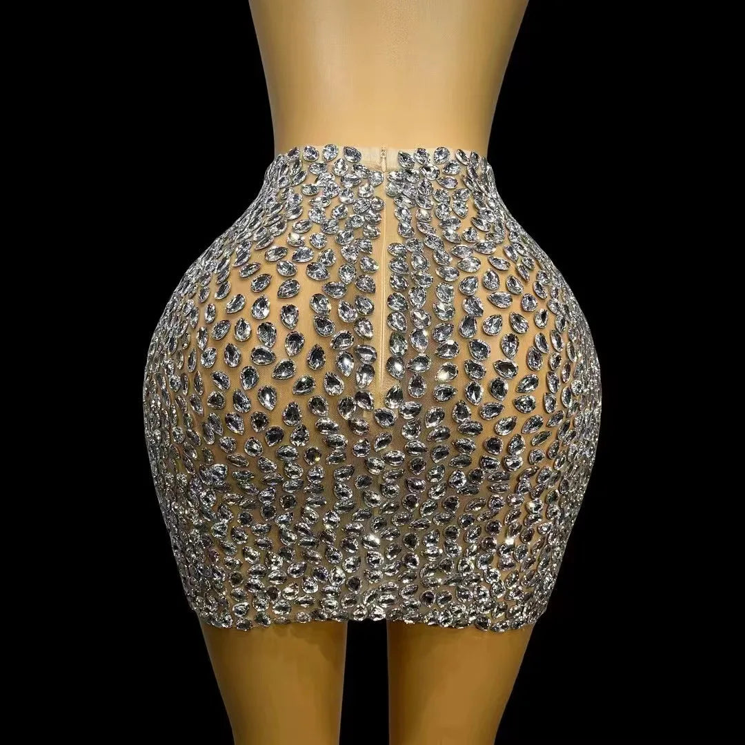 Bling Silver Rhinestones Skirt Stretch Mesh Outfit Dance Stage Performance Costume