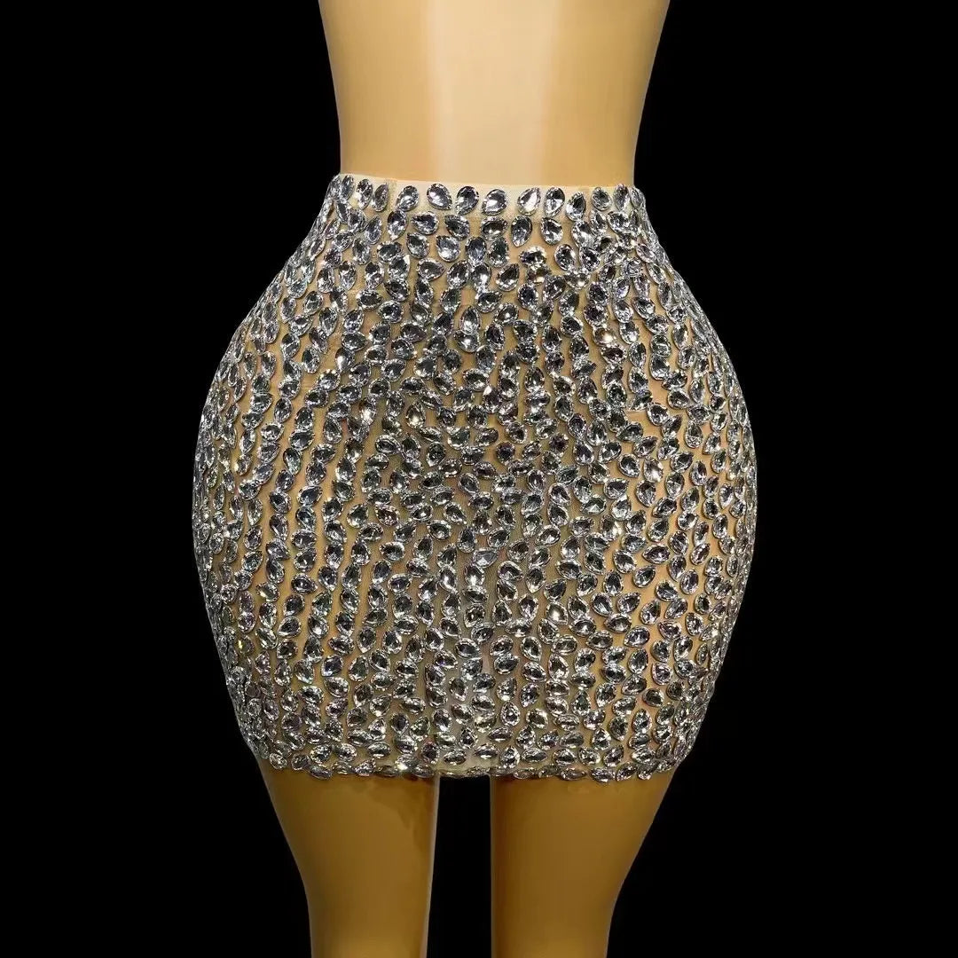Bling Silver Rhinestones Skirt Stretch Mesh Outfit Dance Stage Performance Costume