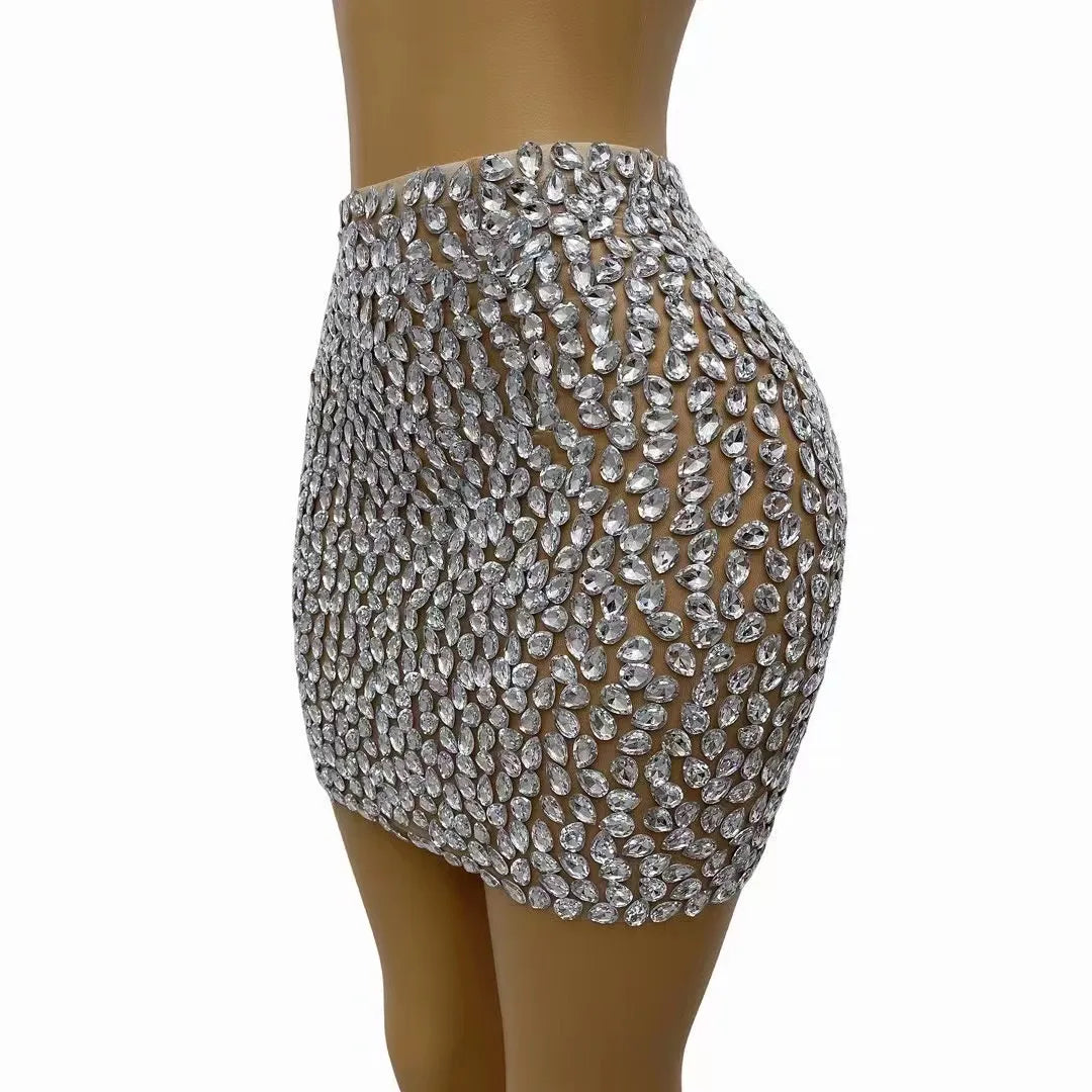 Bling Silver Rhinestones Skirt Stretch Mesh Outfit Dance Stage Performance Costume