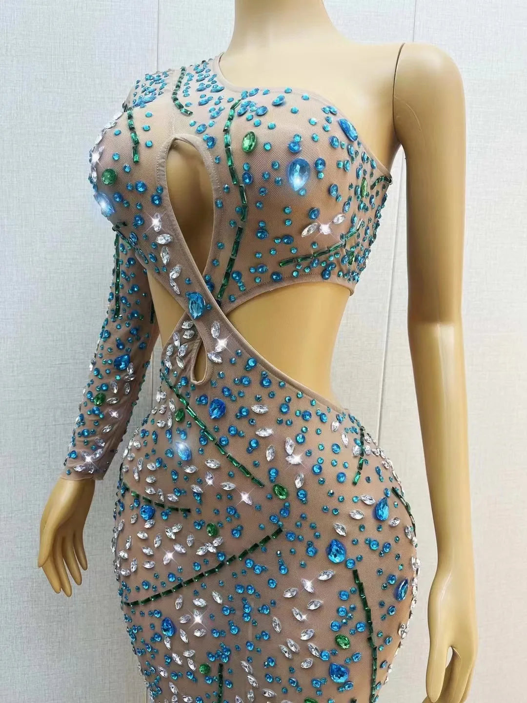 Stage Blue Green Rhinestones Single Sleeve Hollow Waist Dress Transparent Outfit