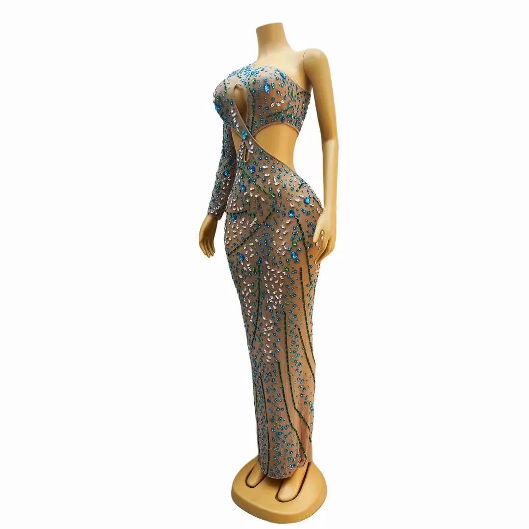 Stage Blue Green Rhinestones Single Sleeve Hollow Waist Dress Transparent Outfit