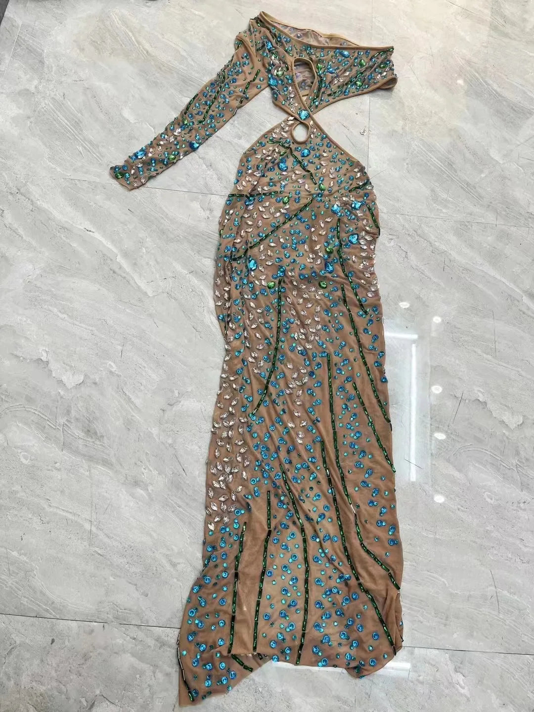 Stage Blue Green Rhinestones Single Sleeve Hollow Waist Dress Transparent Outfit