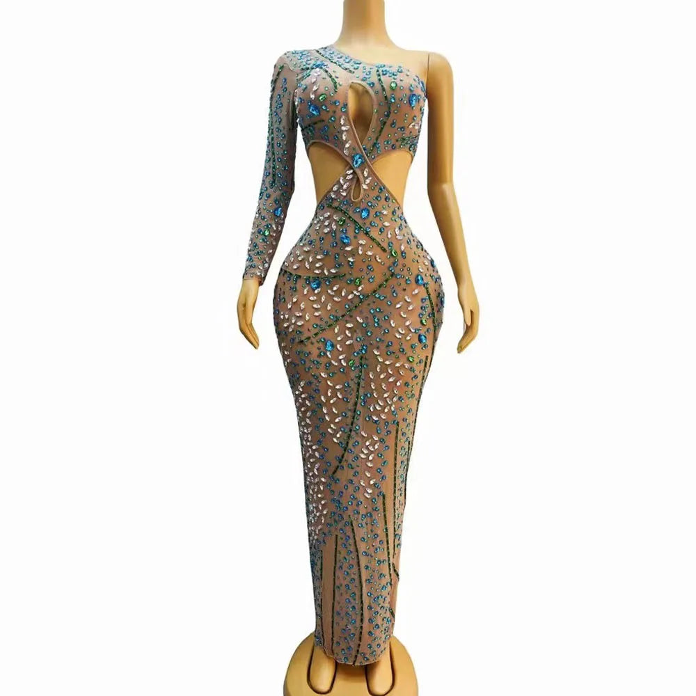 Stage Blue Green Rhinestones Single Sleeve Hollow Waist Dress Transparent Outfit