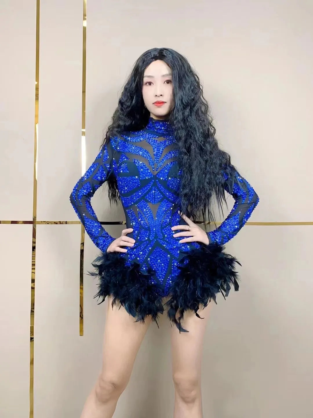 Sexy Stage Blue Rhinestones Stretch Black Feather Mesh Bodysuit Dance Birthday Wedding Celebrate Costume Photoshoot Bodysuit