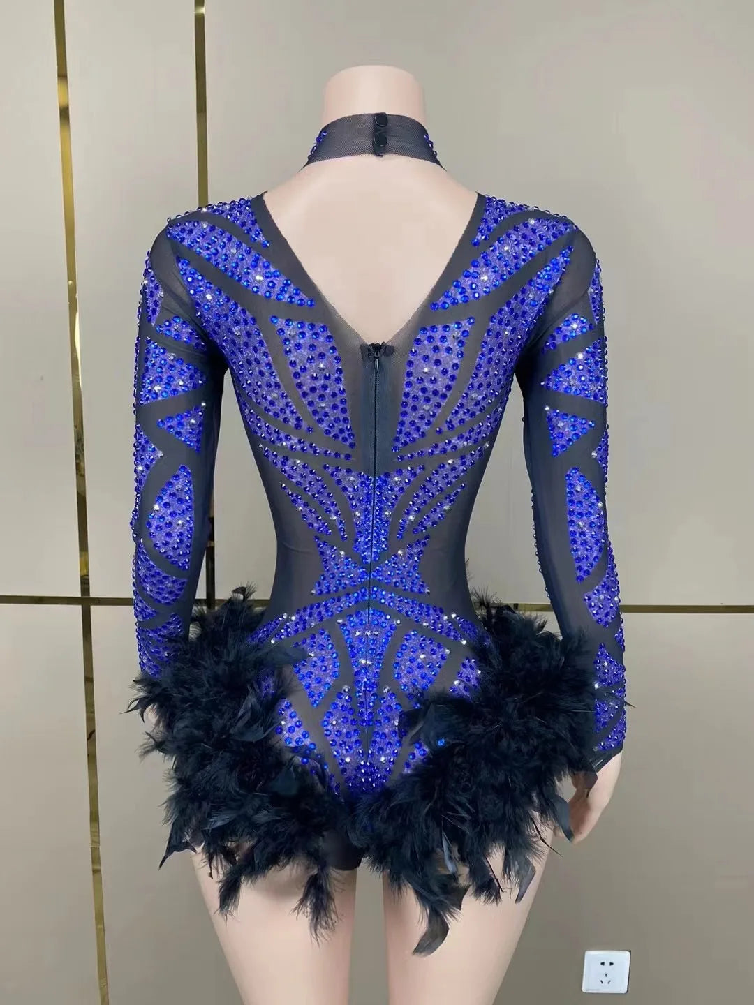 Sexy Stage Blue Rhinestones Stretch Black Feather Mesh Bodysuit Dance Birthday Wedding Celebrate Costume Photoshoot Bodysuit
