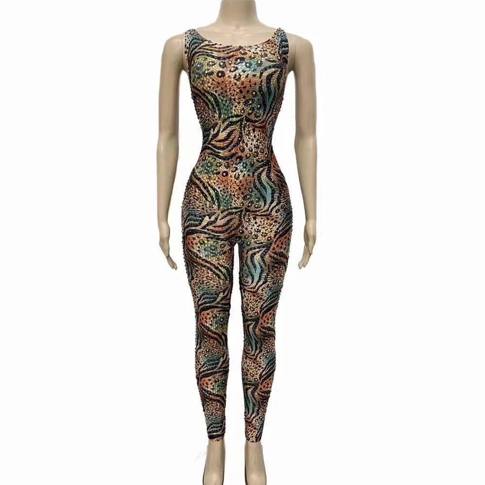 Sexy Stage Colorful Pattern Black Gold Rhinestones Stretch Jumpsuit Birthday Celebrate Bodysuit Performance Leggings Costume