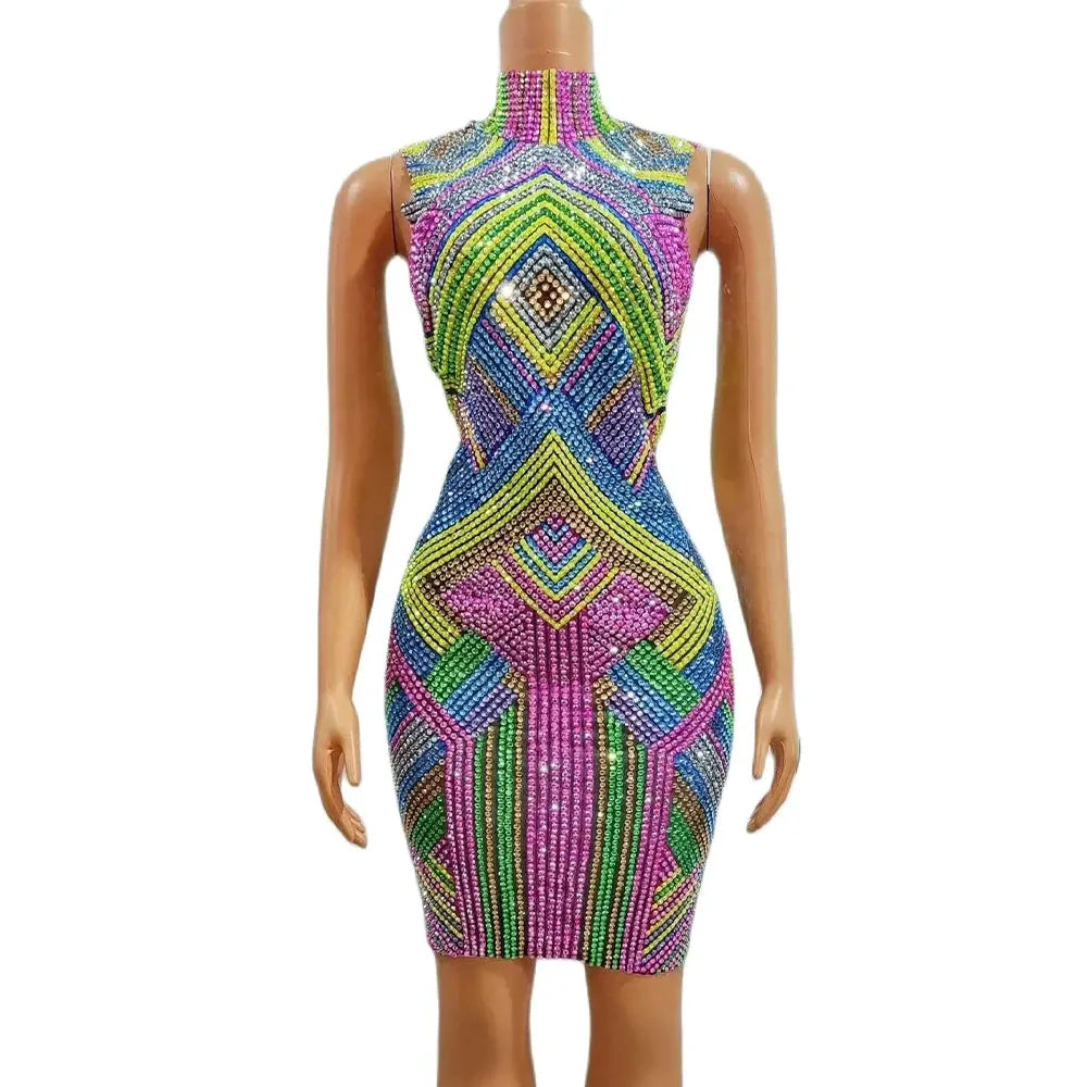Sexy Stage Colorful Rhinestones Dress Women New Styles High Neck Colorful Gown Unique Formal Costumes Photo Shoot Dress