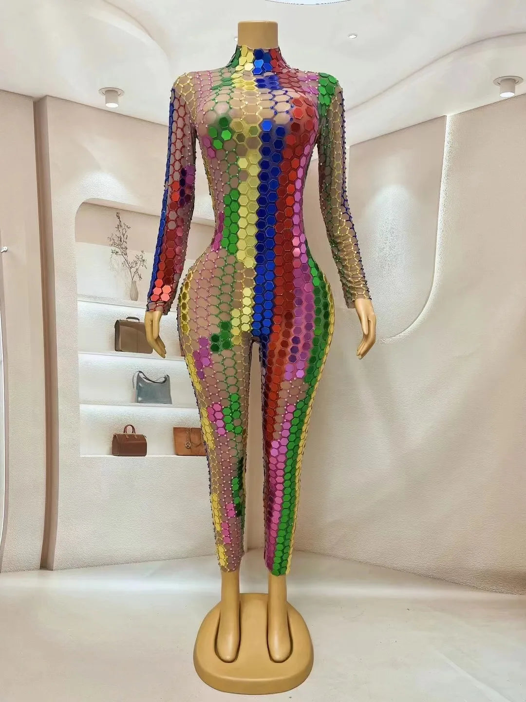 Sexy Stage Colorful Rhinestones Mirrors Jumpsuit Birthday Celebrate Dance Stretch Outfit Prom Singer Photo Shoot Bodysuit