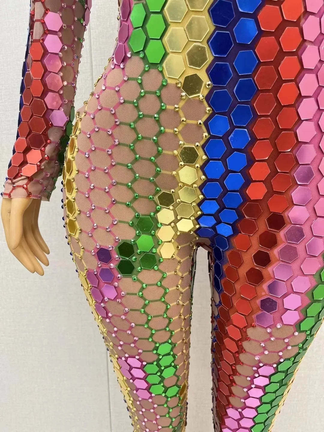 Sexy Stage Colorful Rhinestones Mirrors Jumpsuit Birthday Celebrate D