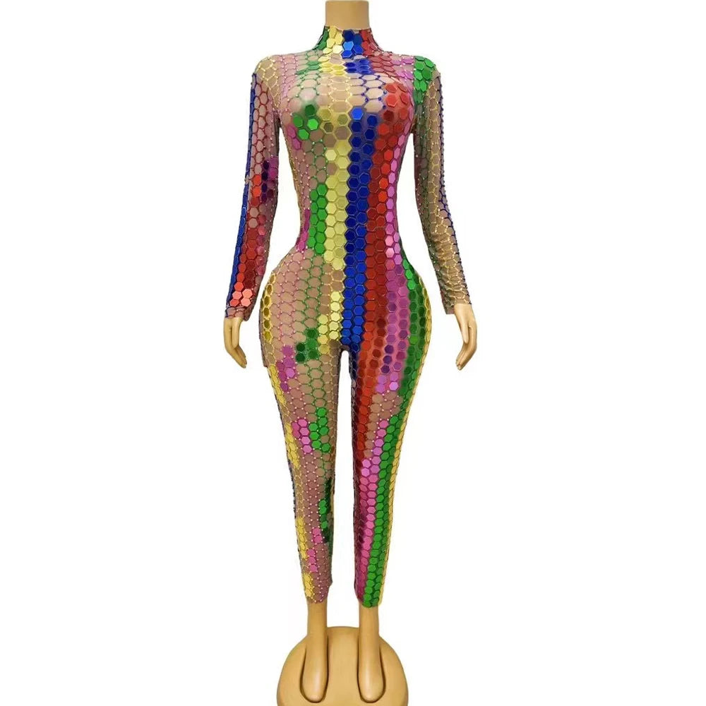 Sexy Stage Colorful Rhinestones Mirrors Jumpsuit Birthday Celebrate D