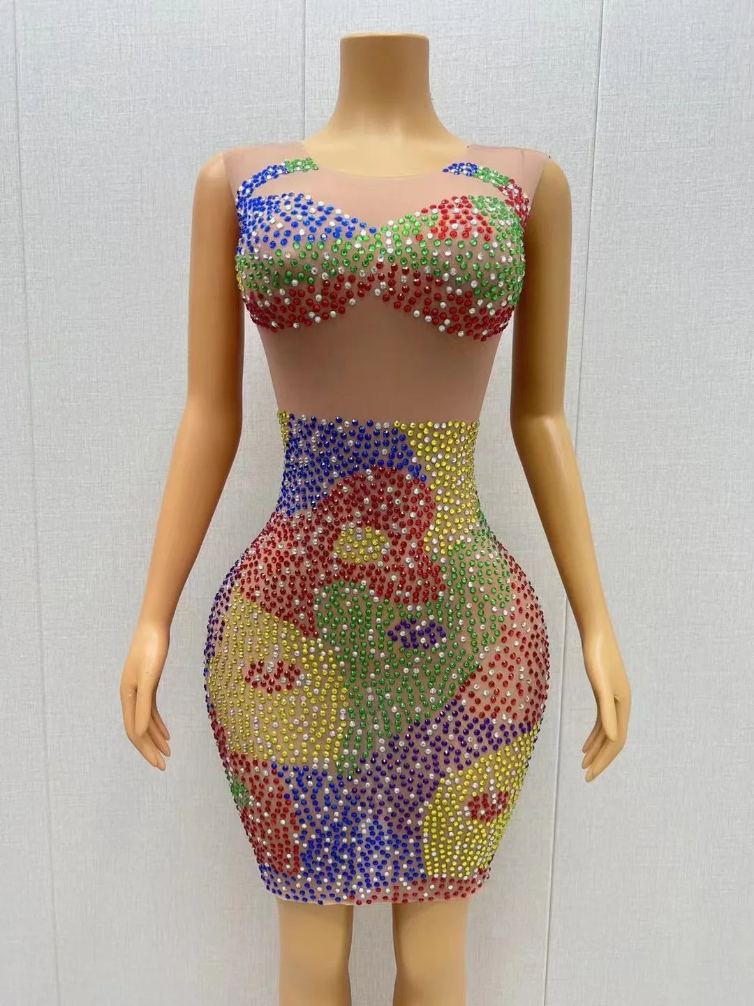 Sexy Stage Colorful Rhinestones Transparent Crystals Sleeveless Dress Dance Evening Mesh Costume Prom Party Birthday Outfit
