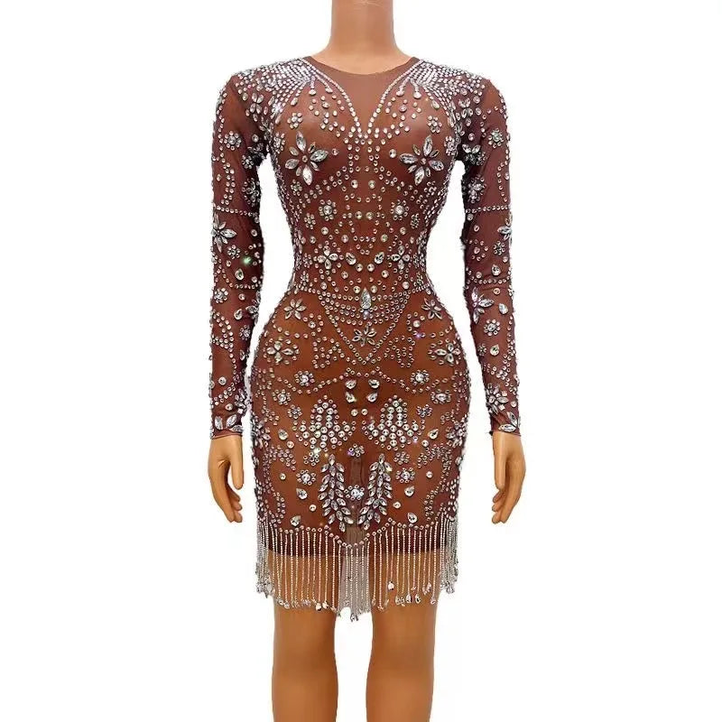 Sexy Stage Evening Birthday Shining Rhinestones Chains Brown Long Sleeves Crystals Dress Dancer Celebrate Prom Photo Shoot Dress