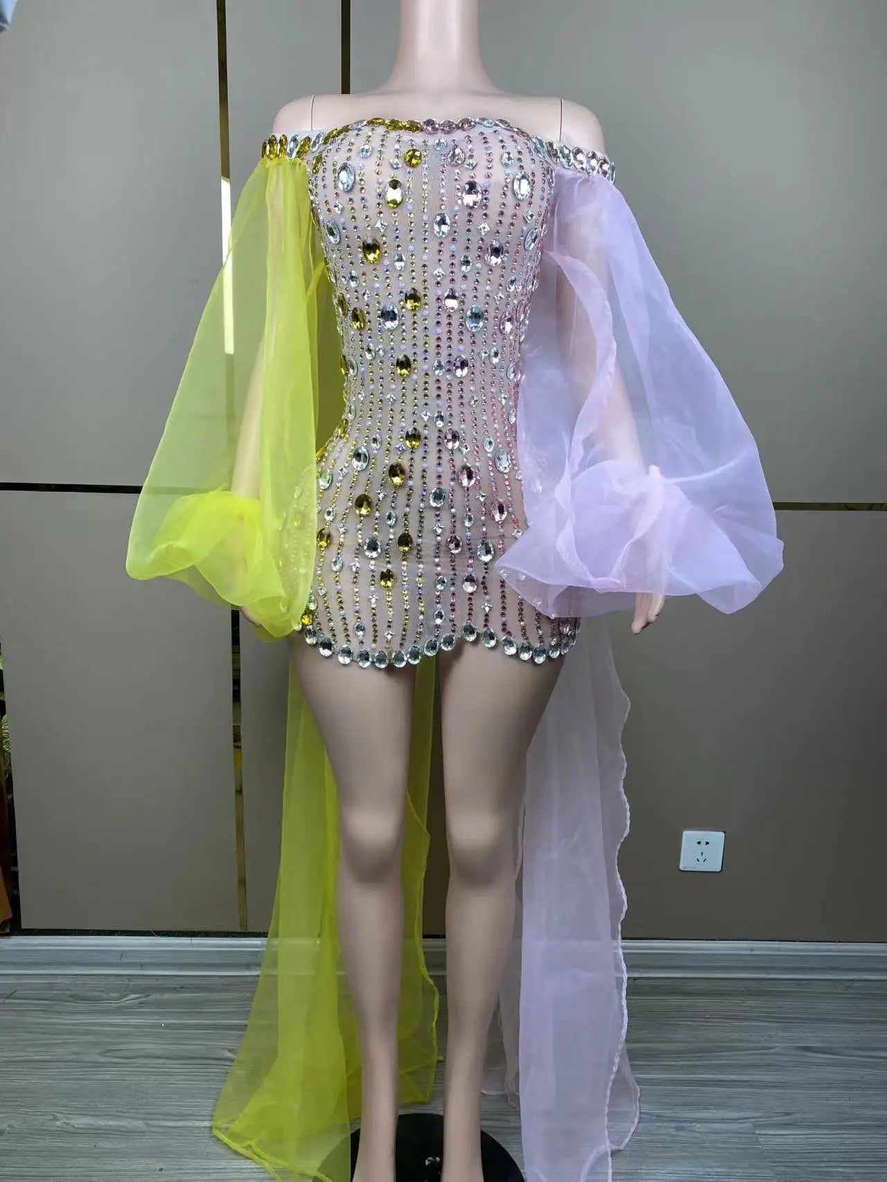 Sexy Stage Evening Colorful Crystals Transparent Dress Birthday Celebrate Sexy Outfit Prom Wedding Photoshoot Dress