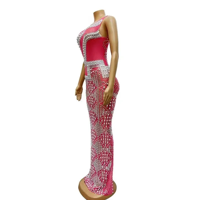 Sexy Stage Evening Sparkly Silver Rhinestones Pearls Pink Sleeveless Dress Celebrate Outfit Prom Birthday Party Club Collections