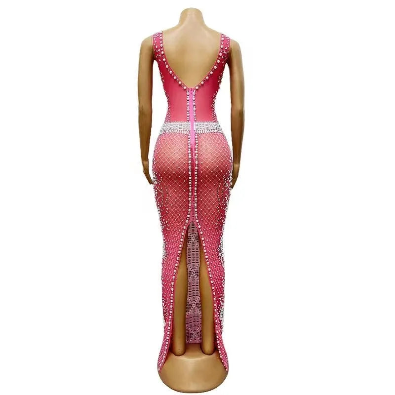 Sexy Stage Evening Sparkly Silver Rhinestones Pearls Pink Sleeveless Dress Celebrate Outfit Prom Birthday Party Club Collections