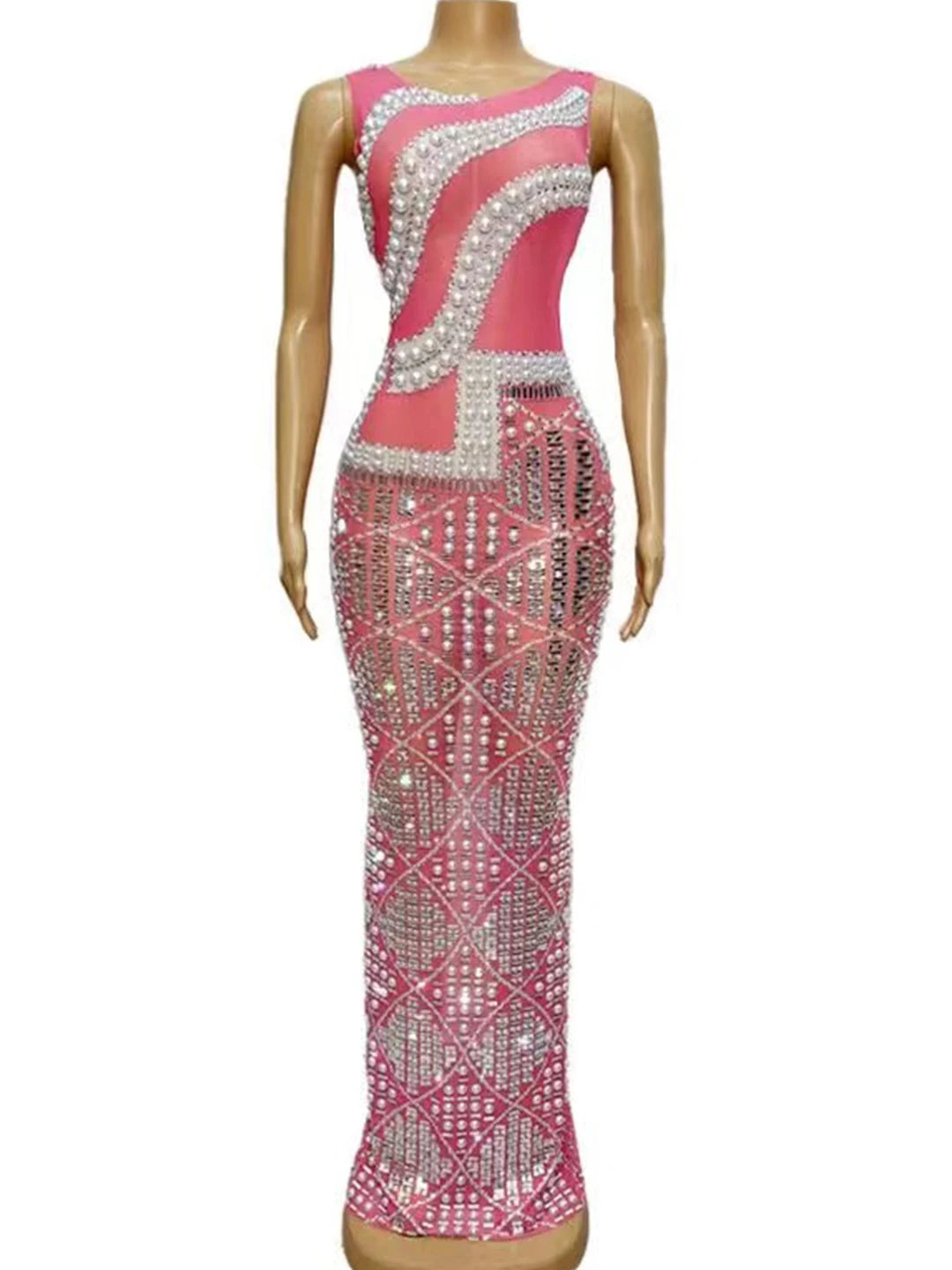 Sexy Stage Evening Sparkly Silver Rhinestones Pearls Pink Sleeveless Dress Celebrate Outfit Prom Birthday Party Club Collections