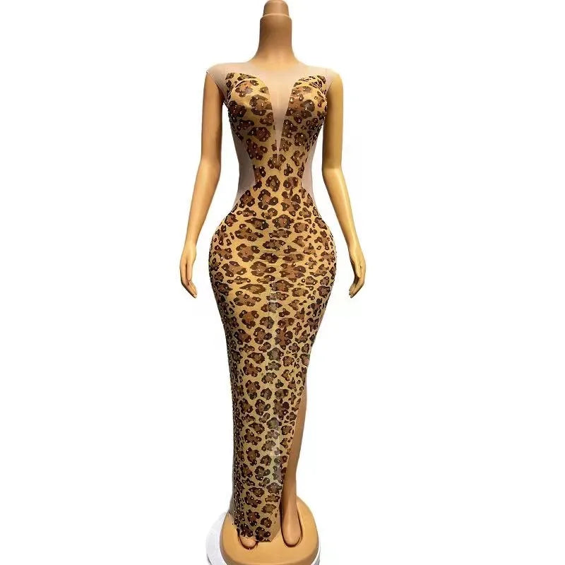 Sexy Stage Gold Rhinestones Leopard Transparent Sleeveless Dress Birthday Celebrate Outfit Prom Women Singer Photo Shoot Dress