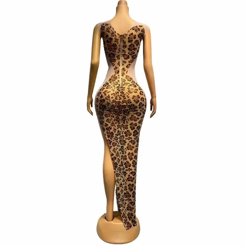 Sexy Stage Gold Rhinestones Leopard Transparent Sleeveless Dress Birthday Celebrate Outfit Prom Women Singer Photo Shoot Dress