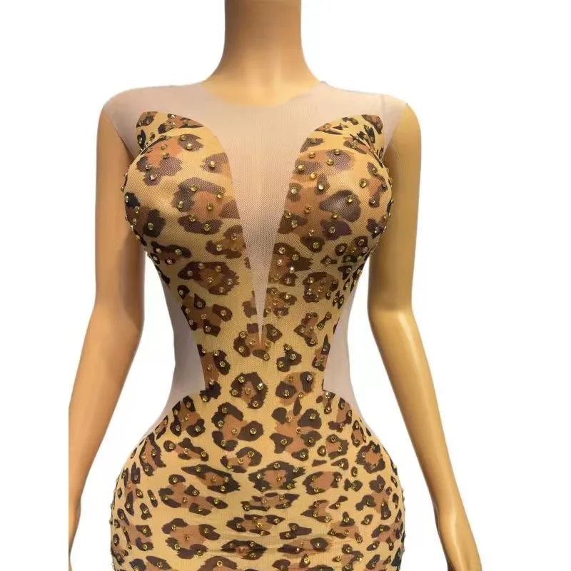 Sexy Stage Gold Rhinestones Leopard Transparent Sleeveless Dress Birthday Celebrate Outfit Prom Women Singer Photo Shoot Dress