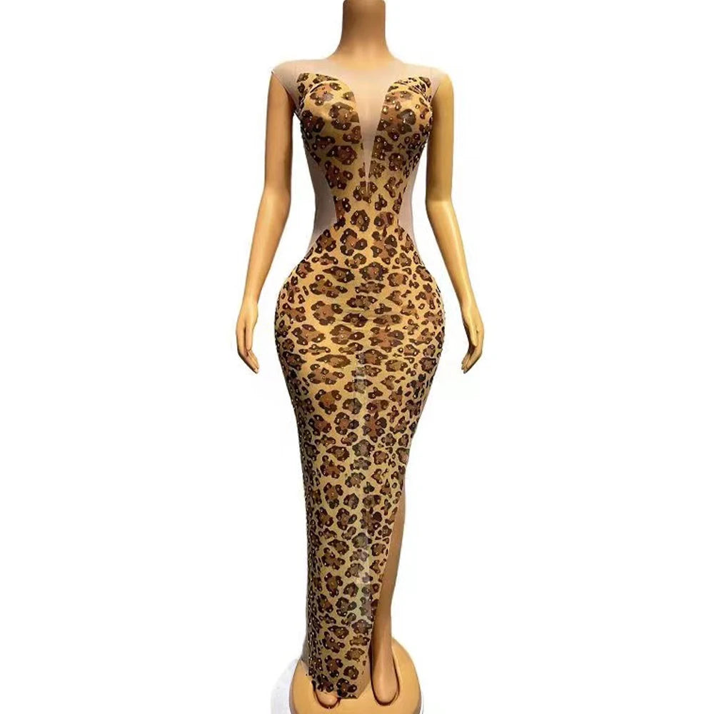 Sexy Stage Gold Rhinestones Leopard Transparent Sleeveless Dress Birthday Celebrate Outfit Prom Women Singer Photo Shoot Dress